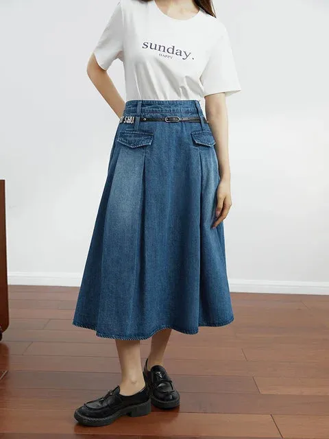 Vintage Pleated Denim Skirt Chic Designed Raw Denim Skirt with Belt