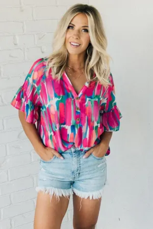 Women Brushwork Print Buttoned V Neck Blouse