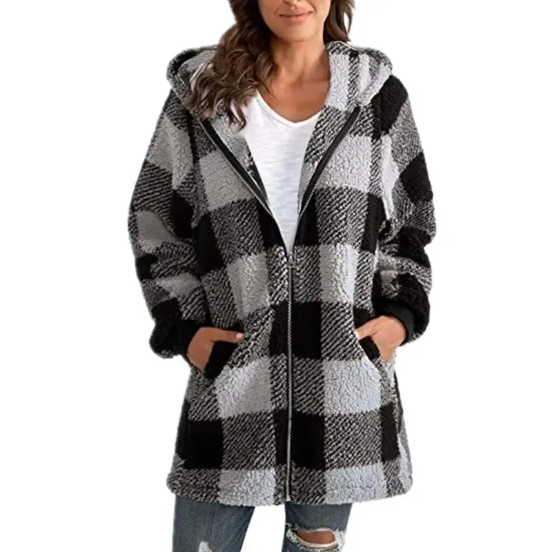 Women's coat 2024 new Amazon long sleeve plaid hooded zipper with pockets loose coat