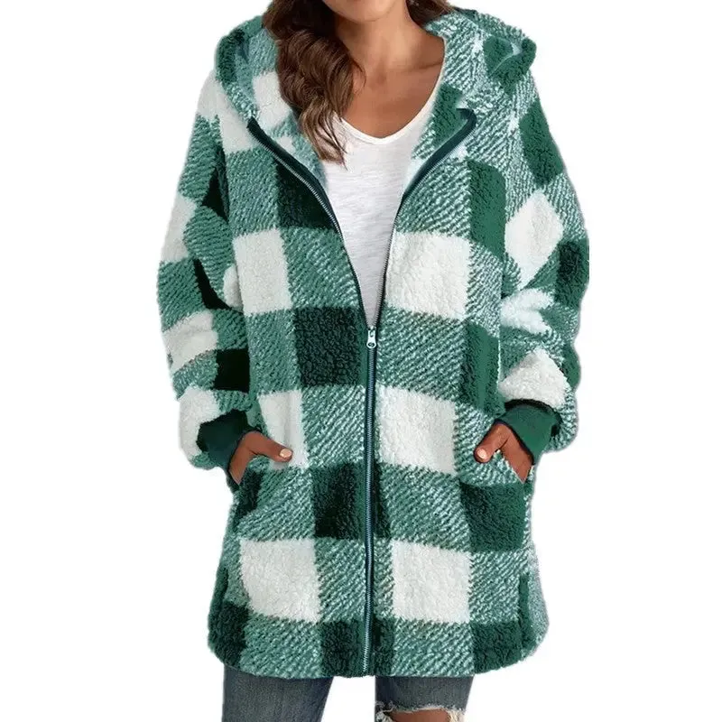 Women's coat 2024 new Amazon long sleeve plaid hooded zipper with pockets loose coat