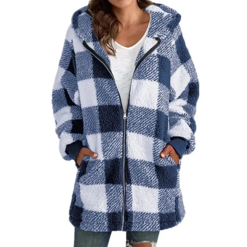 Women's coat 2024 new Amazon long sleeve plaid hooded zipper with pockets loose coat